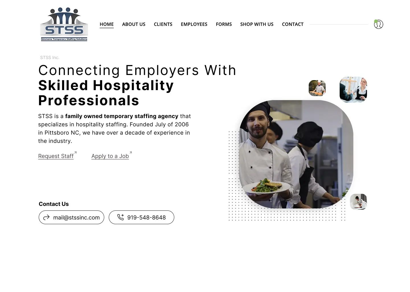 Homepage hero layout with a circular chef image, headline about hospitality staffing, and links to request staff or apply for a job.